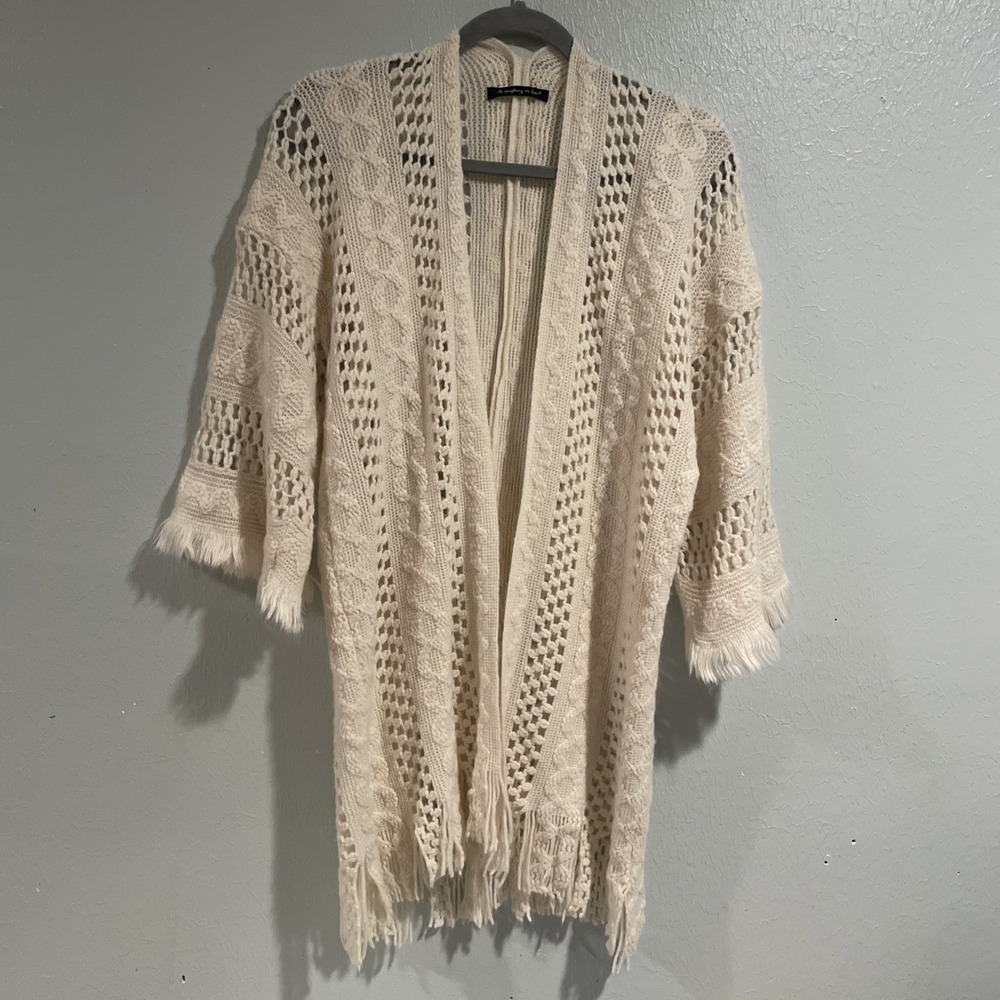 Do Everything In Love, Cream‎ Fringe Open Knit Crochet Cardigan Sweater OS